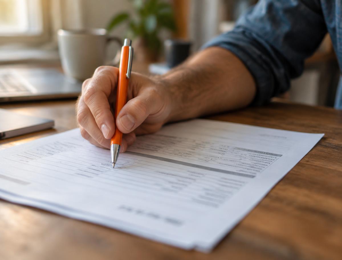 Hand met oranje pen boven een uitgeprinte inhuurfactuur